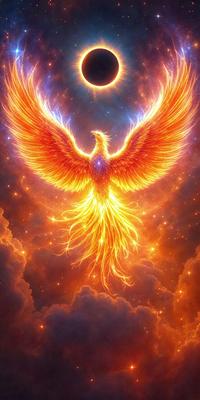 Primary subject: A bird with a long tail, wings, and a blue feather.

Setting/background: The bird is flying through a cloudy sky, with a backdrop of a starry night.

Visual style: The bird is a digital art illustration.

Colors and mood: The bird is predominantly orange and blue, with a warm and vibrant atmosphere.